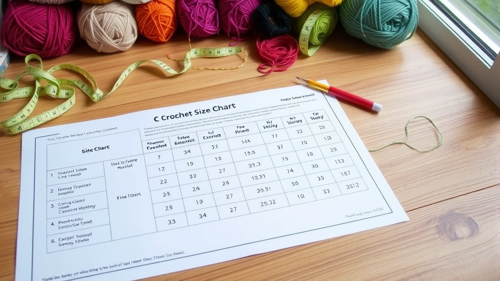 Crochet size chart and schematic laid flat on wooden table, colorful yarn skeins nearby, measuring tape and pencil, organized crafting workspace, natural daylight from window