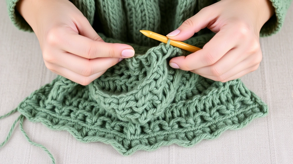 Close-up of hands crocheting worsted weight cardigan in sage green, showing stitch detail and fabric drape, bamboo crochet hook, work in progress on neutral surface