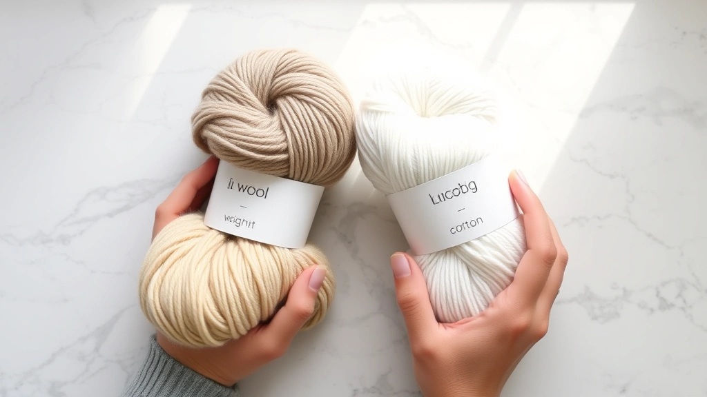 Hands comparing two yarn skeins side by side on white marble surface, natural window light, one wool skein and one cotton skein, yarn labels visible showing weight categories