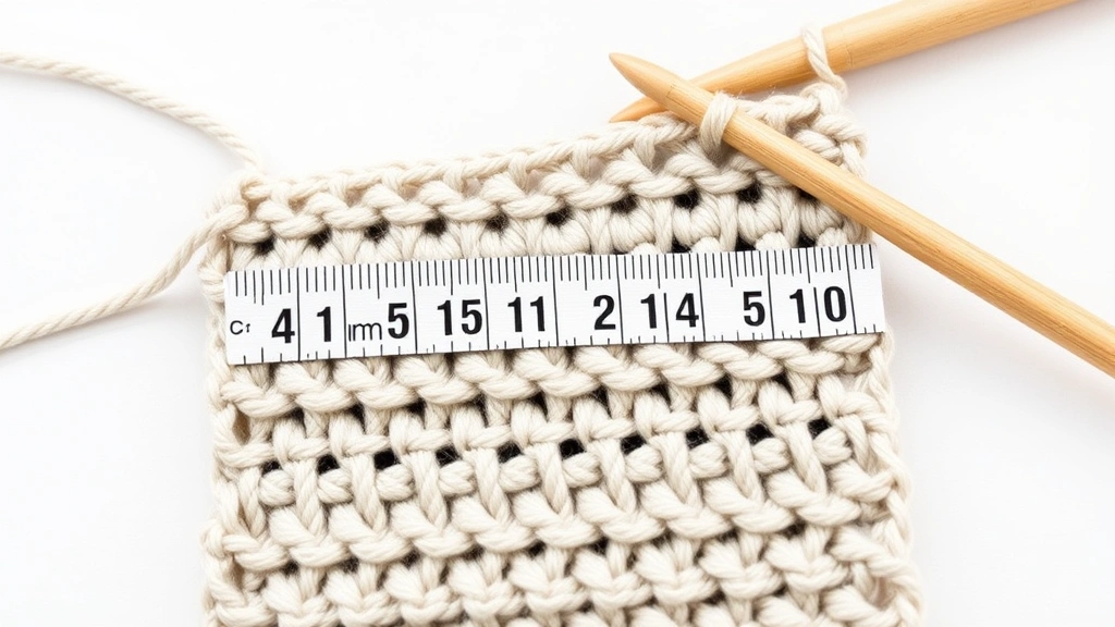 Close-up of crochet gauge swatch in progress, measuring tape across stitches, wooden hook visible, soft natural lighting, neutral colored worsted weight yarn on clean background