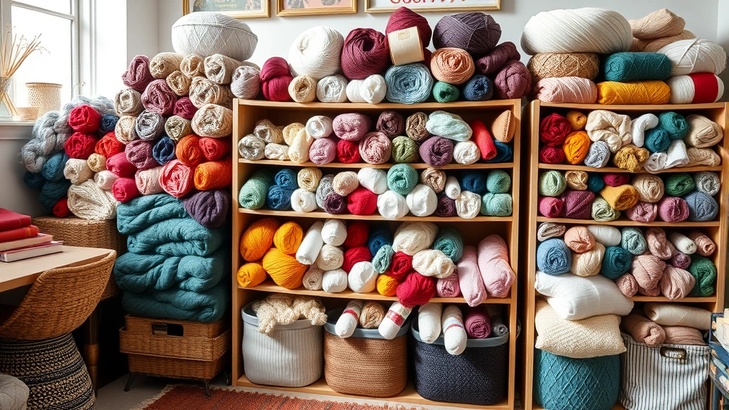 Organized yarn stash with multiple weights and colors arranged by category, craft room setting, natural daylight, various fiber types visible, clean modern storage solution