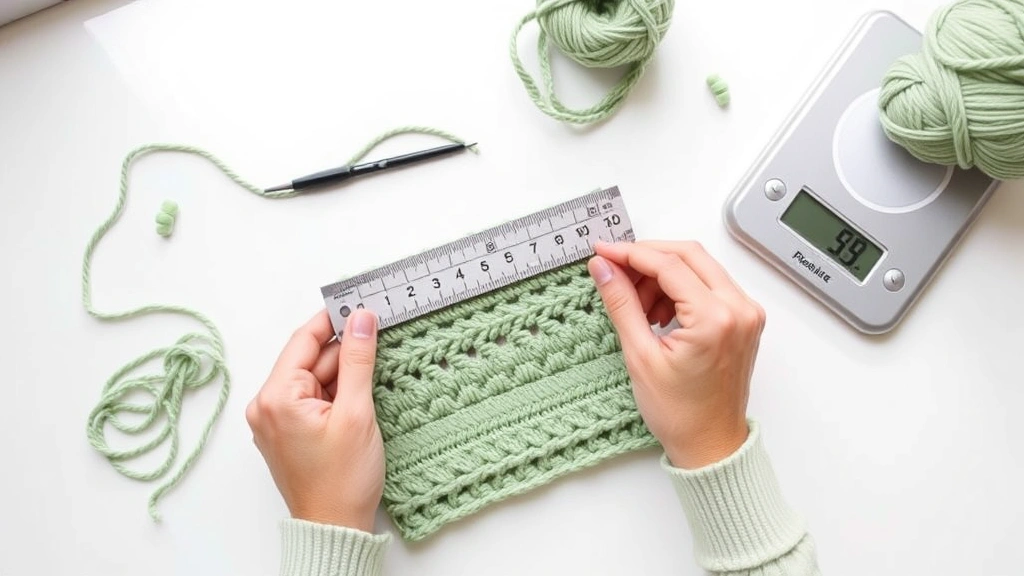 Hands measuring a sage green crochet gauge swatch with ruler, digital scale nearby showing yarn weight, natural window light, clean white desk surface