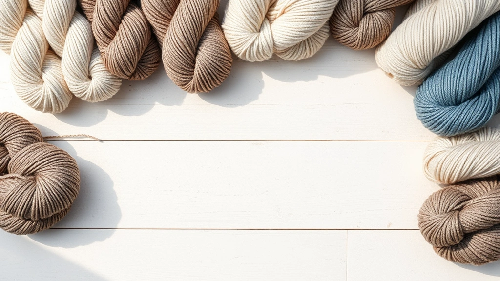 Overhead view of various yarn skeins in different weights arranged on white wooden table, natural daylight, worsted bulky DK fingering weights clearly visible, soft shadows