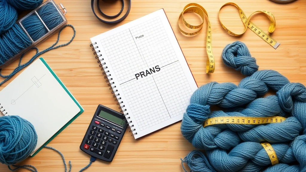 Organized yarn planning setup with calculator, notebook, multiple yarn skeins in blues and grays, measuring tape, soft overhead lighting, crafting table