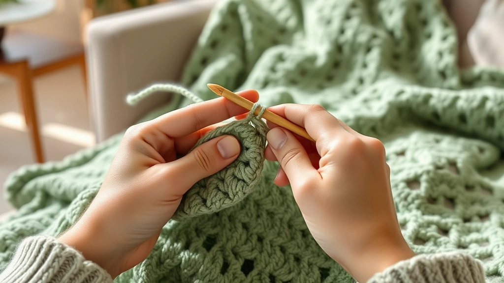 Close-up hands crocheting with worsted weight sage green yarn, bamboo hook visible, partially completed blanket squares, cozy living room setting, warm afternoon light