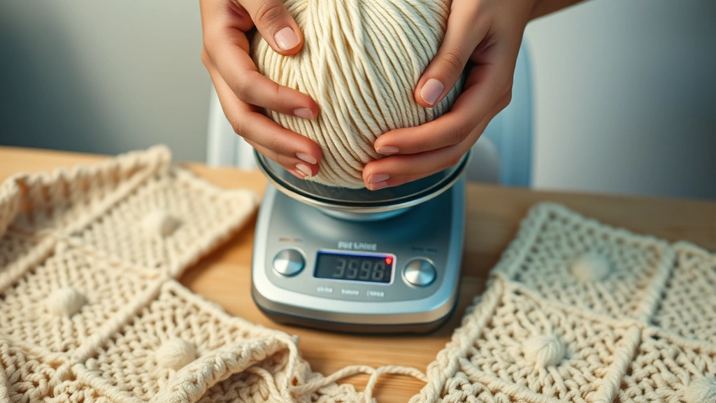 Close-up of hands weighing cream colored yarn skein on digital kitchen scale, partially completed blanket squares visible, warm home lighting atmosphere