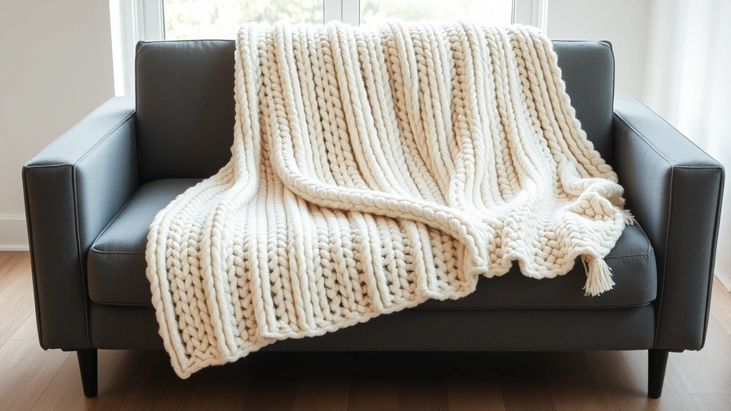 Finished throw blanket in chunky cream yarn draped over modern gray sofa, textured stitches clearly visible, bright natural window light, minimalist home decor style