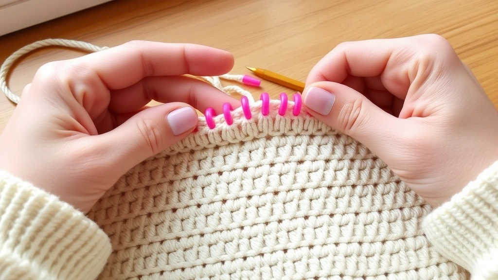 Close-up hands placing bright pink stitch markers every ten stitches on cream colored single crochet work, natural window light, wooden table surface