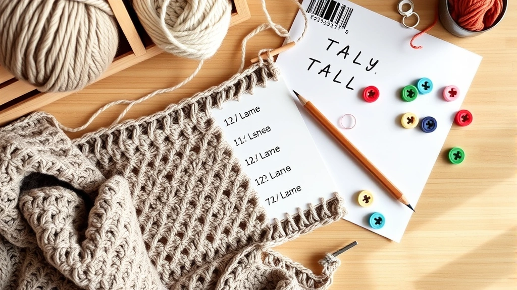 Overhead view of crochet work with tally sheet and pencil, removable stitch markers visible, organized craft supplies, soft natural lighting setup