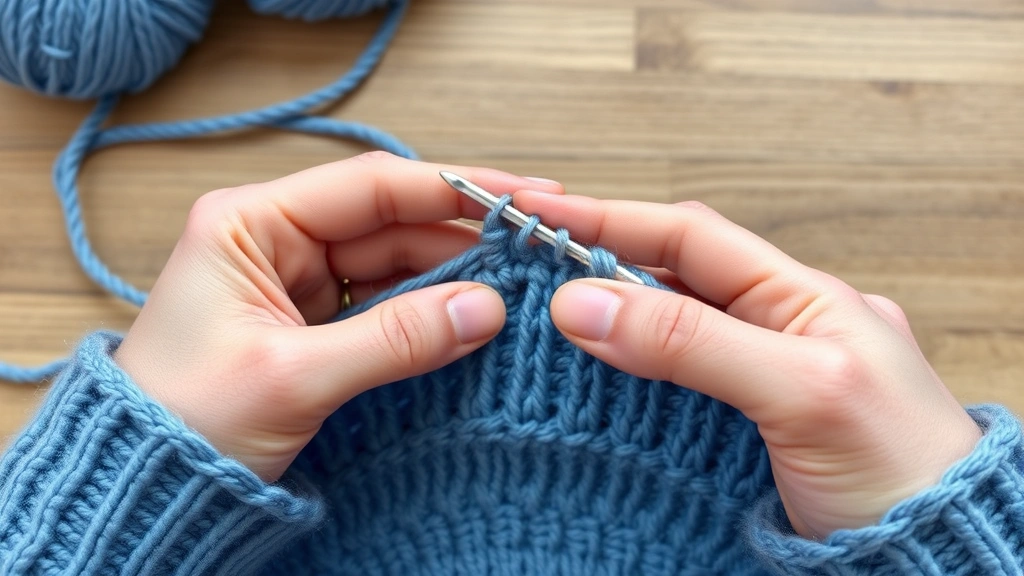 Side angle of hands counting double crochet stitches in worsted weight blue yarn, clear stitch definition visible, cozy home crafting environment
