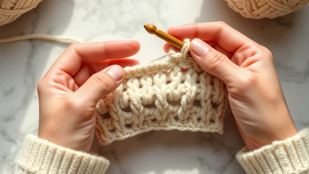 Close-up hands working single crochet stitch with cream worsted weight yarn, wooden hook, natural lighting, marble surface, partially completed rows visible, cozy crafting atmosphere