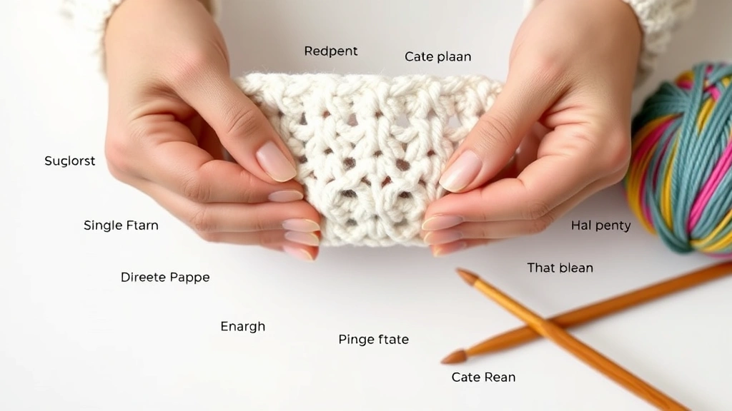 Close-up of hands holding crochet pattern with common abbreviations highlighted, soft natural lighting, clean white background, colorful yarn and hook visible nearby