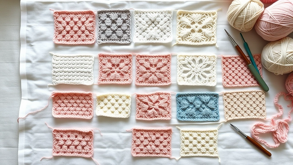 Overhead view of various crochet stitch samples in soft pastels, different textures displayed on white linen, natural window light, organized grid layout, hooks and yarn nearby