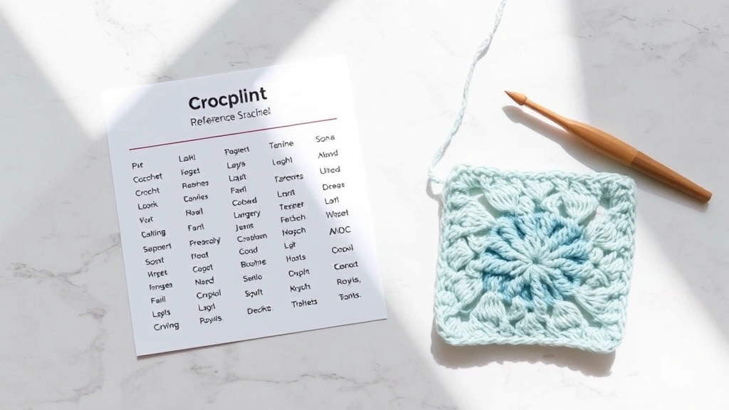Organized flat lay of crochet abbreviation reference card next to partially completed granny square project, bright natural light, marble surface, neat workspace setup
