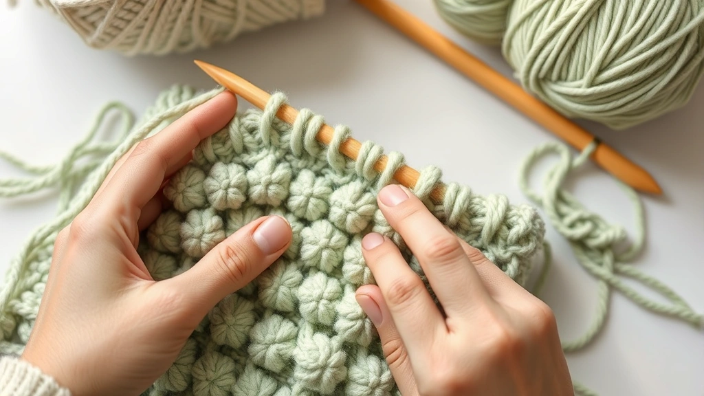 Detailed shot of hands creating textured bobble stitch with sage green cotton yarn, bamboo hook, work-in-progress blanket corner, soft morning light, clean workspace background
