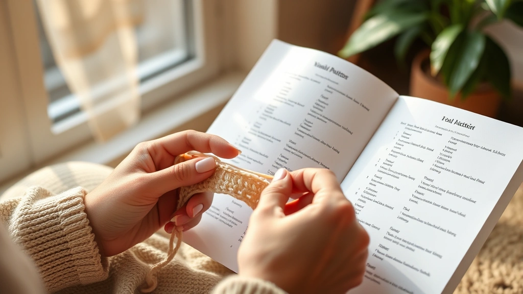 Crocheter's hands working single crochet stitches while consulting printed pattern with visible abbreviations, cozy home setting, warm afternoon light through window