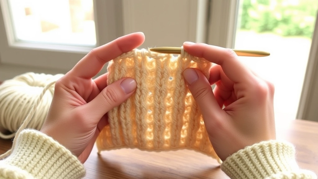 Close-up of hands working front post double crochet stitches in cream worsted weight yarn, creating raised vertical lines, natural window light, wooden table surface