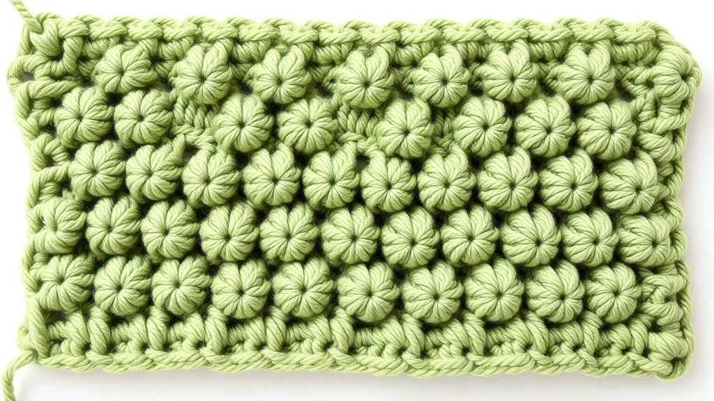 Finished textured crochet swatch showing bobble stitch pattern in sage green cotton yarn, dimensional bumps clearly visible, soft natural lighting, clean white background