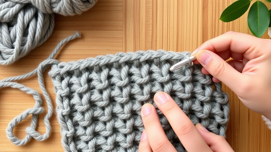 Work in progress basketweave crochet pattern in gray wool yarn on aluminum hook, showing interwoven texture effect, hands positioning next stitch, cozy home setting