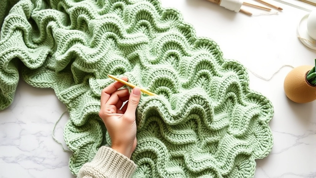 Hands crocheting sage green ripple blanket with wooden hook, natural window light, white marble table, dramatic wave peaks and valleys visible, cozy crafting atmosphere