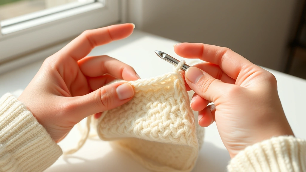 Close-up hands demonstrating single crochet technique with cream worsted weight yarn and aluminum hook, natural window light, clean white table surface, two loops visible on hook