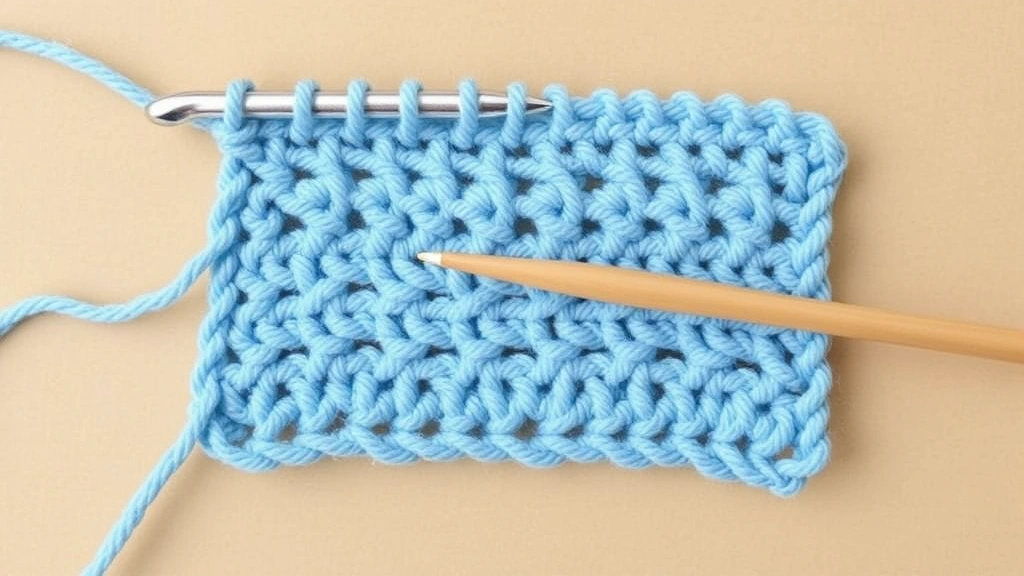 Overhead view of single crochet practice swatch in progress, light blue cotton yarn, measuring about 4 inches wide, hook and yarn positioned naturally, soft daylight