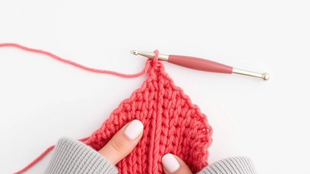 Overhead view of crochet hook working double crochet peak in coral yarn, hands visible, clean white background, stitch detail clearly shown, natural lighting