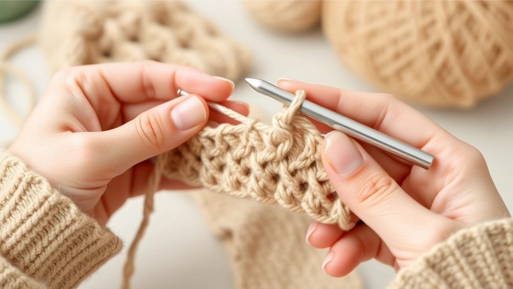 Side angle of hands working single crochet into foundation chain, beige acrylic yarn, showing proper hook insertion through chain loops, cozy home crafting setup