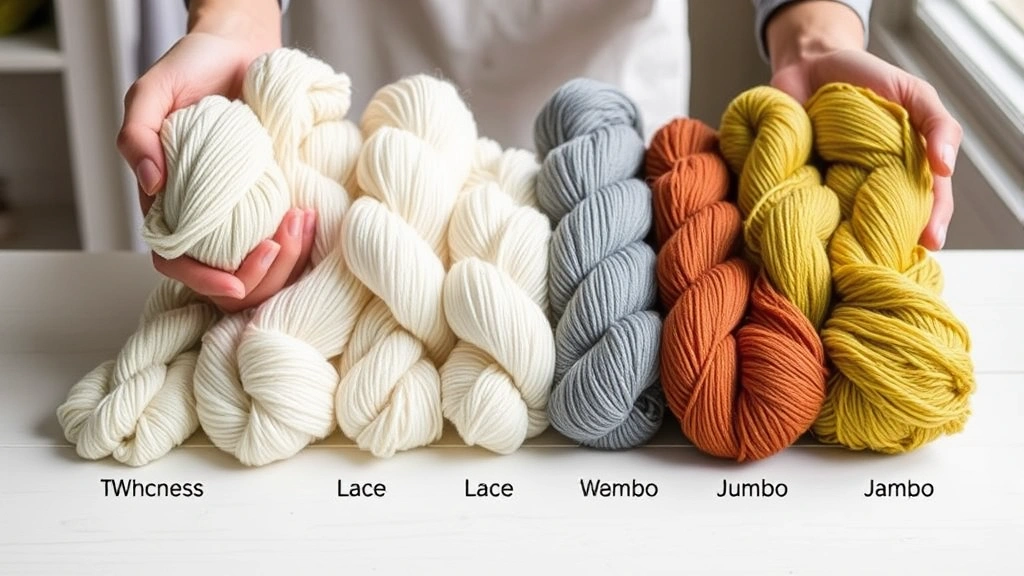 Hands holding various yarn skeins in different weights from lace to jumbo, arranged on white wooden table, natural window lighting, showing thickness comparison clearly