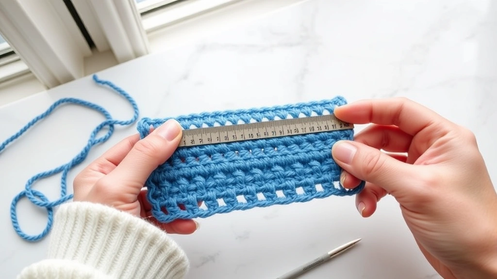 Close-up of hands measuring crochet gauge swatch with metal ruler, worsted weight blue yarn, natural window light, white marble surface, precise measurement being taken