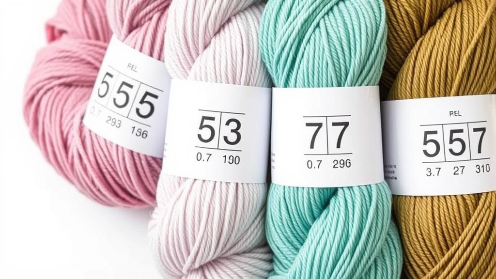 Close-up of yarn weight labels and symbols on different colored skeins, clean white background, natural lighting, showing weight numbers 0-7 clearly visible