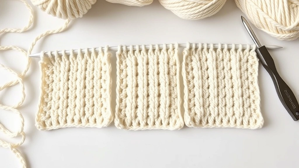 Gauge swatch comparison showing three different swatches in cream yarn, different hook sizes visible, measuring tools nearby, clean craft table, soft natural lighting