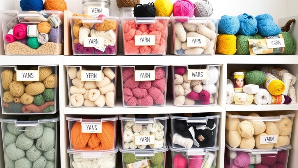 Organized yarn storage bins labeled by weight categories, colorful yarns sorted by thickness, bright craft room setting, clean and tidy arrangement