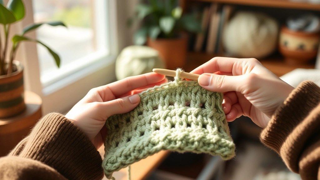 Hands crocheting gauge swatch in sage green cotton yarn, bamboo crochet hook visible, work in progress, cozy home crafting atmosphere, afternoon light streaming in