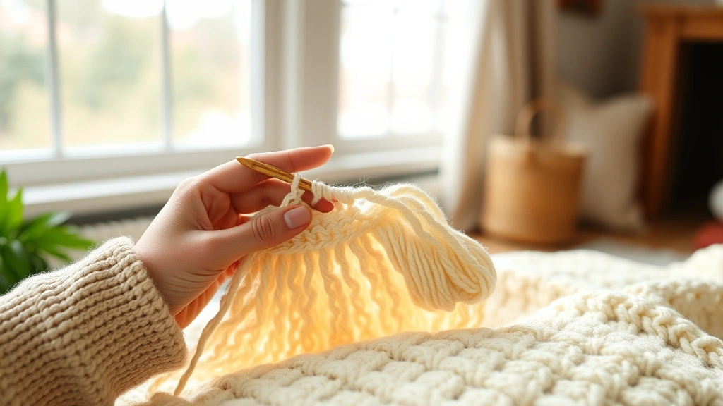 Hands crocheting cream worsted weight yarn with wooden hook, natural window light, cozy living room setting, partially completed blanket rows visible, soft focus background