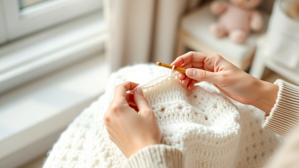 Hands crocheting soft white cotton baby blanket with wooden hook, natural window light, cozy nursery setting, partially completed single crochet rows visible, peaceful crafting atmosphere