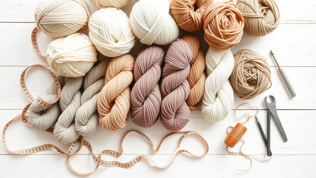 Organized yarn skeins in neutral colors arranged on white wooden table, measuring tape and crochet hooks nearby, natural lighting, crafting preparation scene