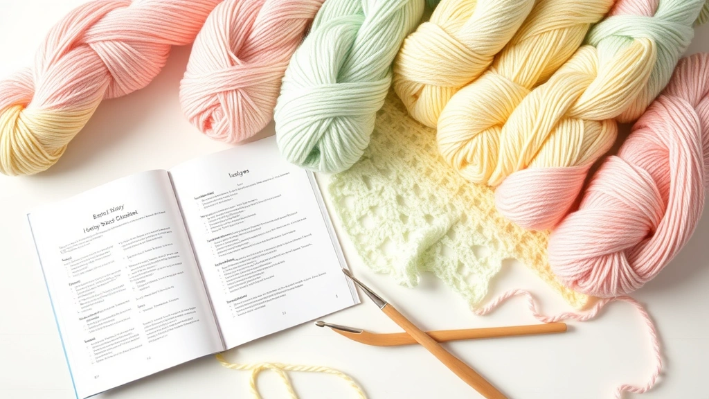 Collection of pastel yarn skeins in pink, yellow, mint green arranged on white table, crochet hooks nearby, baby blanket pattern book open, soft morning light