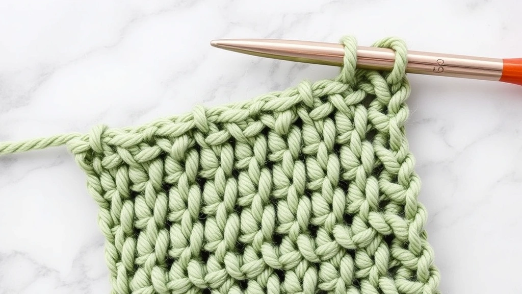 Close-up of moss stitch crochet pattern in sage green yarn, hook working through stitches, marble surface, detailed texture visible, professional craft photography