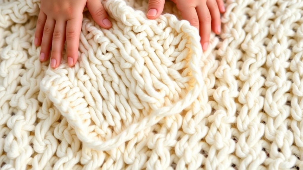 Close-up of finished baby blanket corner showing delicate shell stitch border, cream colored cotton yarn, hands smoothing fabric, gentle shadows, professional product photography style