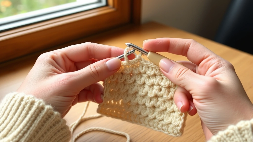 Close-up hands demonstrating proper crochet hook grip with ergonomic handle, working neat single crochet stitches in cream worsted weight yarn, natural window lighting, wooden table surface
