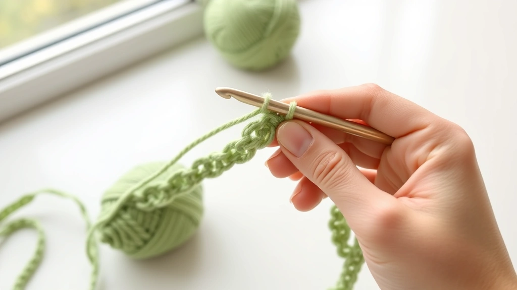 Close-up of hands demonstrating proper crochet hook grip with worsted weight sage green yarn, natural window light, clean white table surface, relaxed finger positioning visible