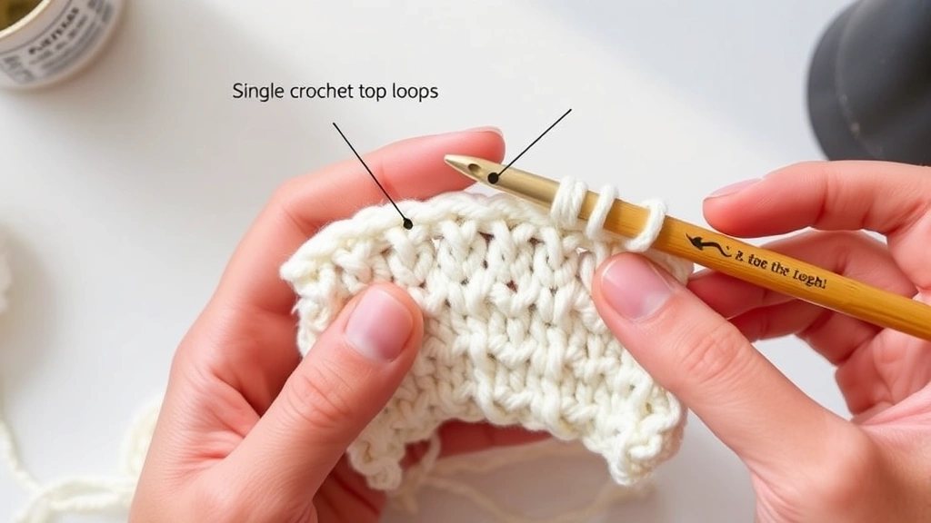 Close-up of hands holding white worsted weight yarn showing single crochet stitch anatomy, wooden hook pointing to top loops, natural lighting, clean workspace background