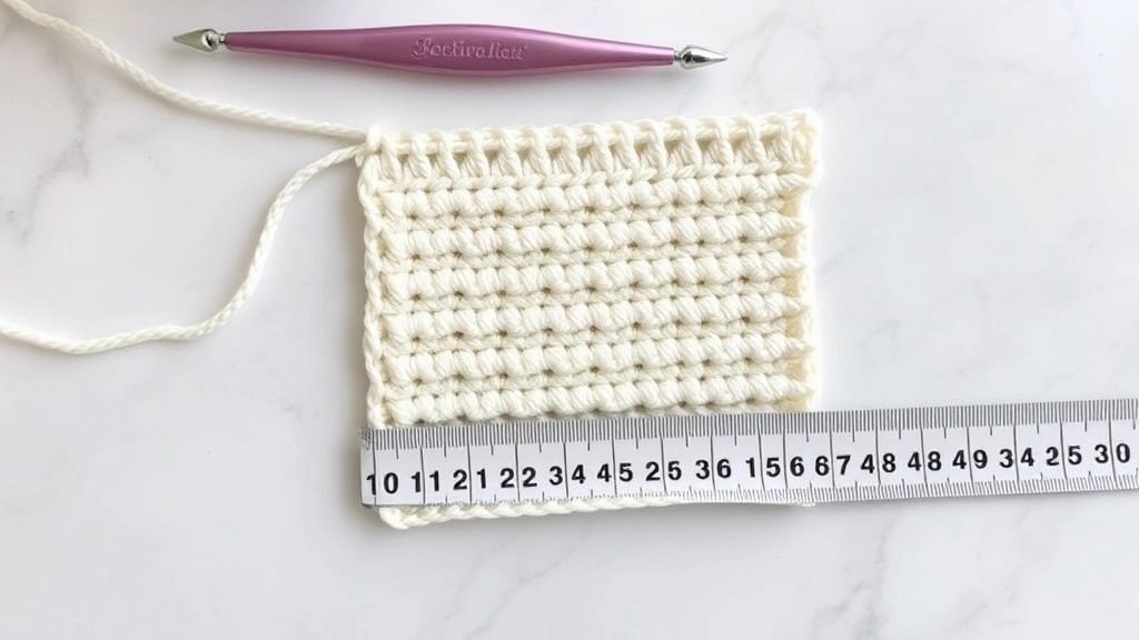 Crochet tension swatch showing even single crochet stitches in cream colored yarn, measuring tape alongside for scale, soft natural lighting, marble countertop background