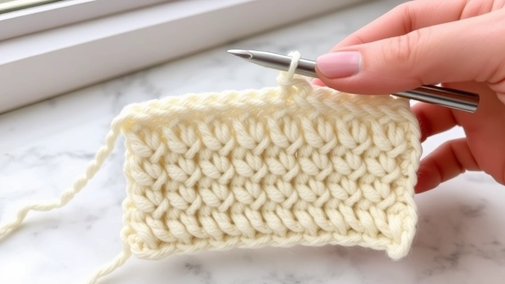 Detailed view of double crochet stitches in cream cotton yarn, fingers pointing to post and top loops, soft window light, marble countertop surface, educational demonstration
