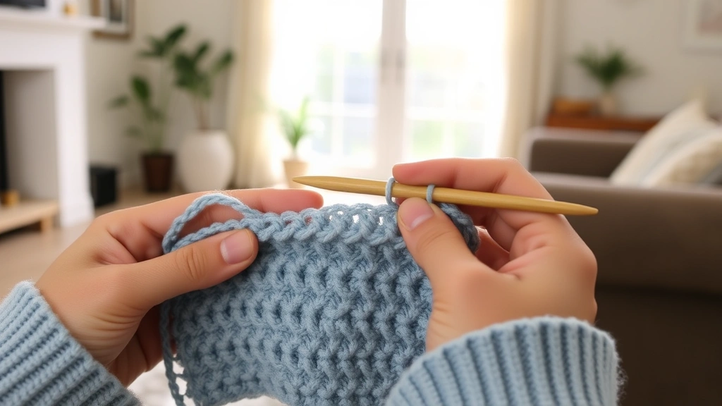Hands working double crochet stitches with consistent height and spacing, dusty blue yarn, wooden hook, cozy living room setting, afternoon light streaming in
