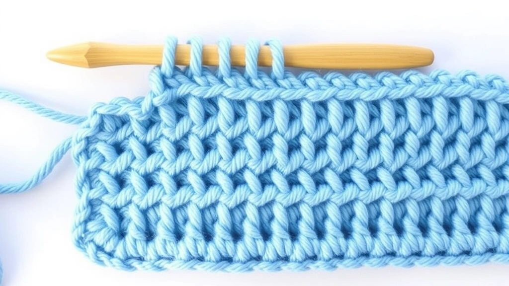 Side view comparison of single, half double, and double crochet stitches in light blue yarn, bamboo hook nearby, bright natural lighting, white background