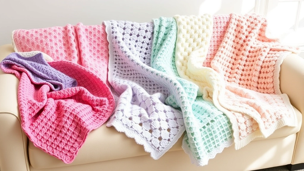Collection of colorful baby blankets in different sizes spread on cream sofa, various crochet patterns visible, natural lighting, home interior setting, soft pastels