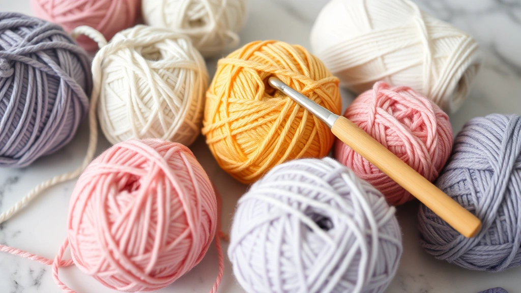 Close-up of worsted weight yarn balls in baby colors with size H crochet hook, craft supplies organized on marble surface, soft natural lighting