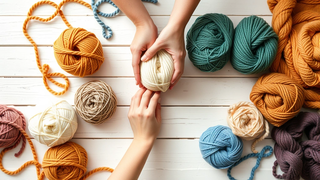 Overhead view of various yarn skeins in different weights and colors arranged on white wooden table, natural daylight, hands reaching for worsted weight yarn